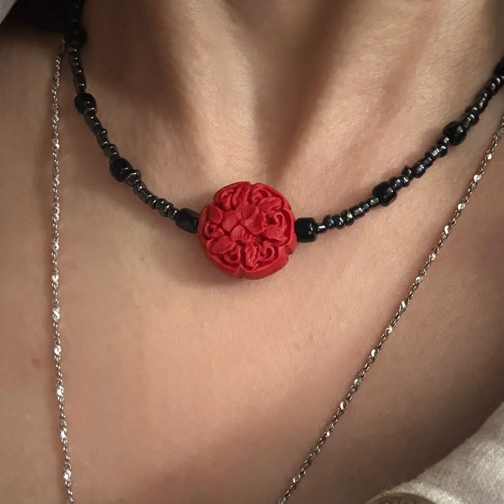 Carved Red Cinnabar Choker- Handmade by Me 📿